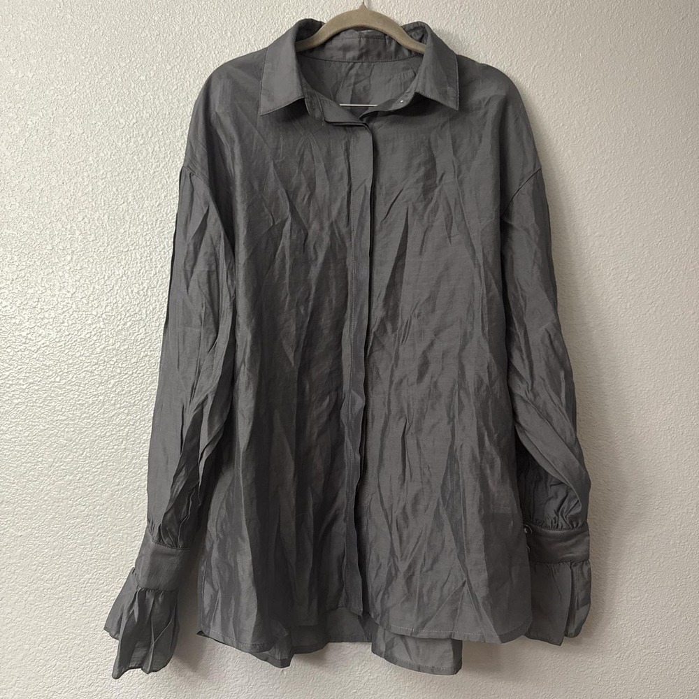 Women's Grey Sheer Button Up Blouse woth Ruffled Cuffs and Hidden Buttons